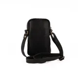 Bolso bandolera pequeño de cuero negro, ideal para llevar el móvil, tarjetas y maquillaje. Cuenta con cierre superior, bolsillo interno, bolsillo externo y correa ajustable.
