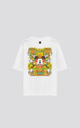 Remera blanca de algodón con cuello redondo y corte oversize. Estampado en la espalda con Mickey Mouse como DJ y la frase "It's a vibe".