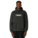 Canguro negro con estampado frontal, de corte ancho y capucha ajustable.