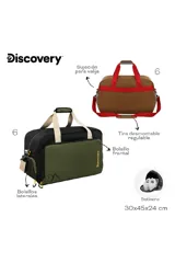 Bolso deportivo marrón y gris con el logo de Discovery en el lateral. Tiene un bolsillo frontal, bolsillos laterales, sujeción para valija, botinero y tira desmontable.