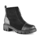 Bota corta negra de cuero y gamuza, con cierre frontal con cremallera, caña baja y suela track.