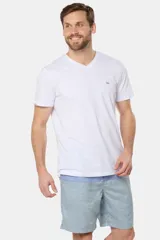 Short de baño clásico con rayas horizontales en tonos de azul, cintura elástica con cordón ajustable, dos bolsillos laterales y suspensor de malla fina.