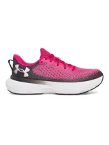 Zapatillas de running Under Armour Infinite para mujer, con capellada de tejido knit degradado en tonos gris y verde flúor, logo de la marca en el talón y suela blanca con tecnología HOVR.