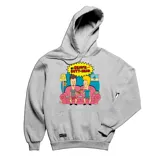 Canguro gris con capucha y bolsillo frontal, con estampado de Beavis and Butthead sentados en un sillón comiendo pizza.