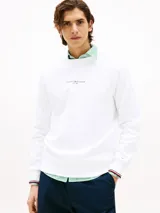 Buzo blanco de cuello redondo, marca Tommy Hilfiger, con logo bordado en el pecho y puños con ribetes distintivos en rojo, blanco y verde. Confeccionado en mezcla de algodón y poliéster.