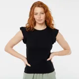 Remera negra de punto con cuello redondo y mangas cortas con volantes.