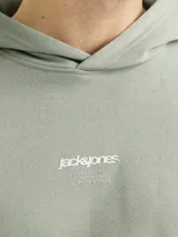 Buzo con capucha verde claro, de corte clásico, con puños y ruedo acanalados. Estampa trasera con diseño abstracto en tonos beige y texto con el logo de la marca.