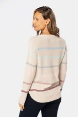 Buzo de tejido fino color blanco con rayas horizontales de colores pastel, confeccionado en algodón.