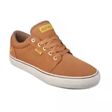 Zapatillas de skate color negro con detalles en marrón y suela blanca, diseño clásico y cómodo.
