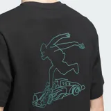 Remera negra de corte clásico con logo de Adidas en el pecho y diseño Shmoo en color verde agua.