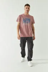 Remera manga corta color ladrillo con estampa frontal de una ola con texto "Surfing Mistral Co.".