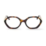 Anteojos de acetato color carey con forma irregular y detalles en color crema en los laterales.