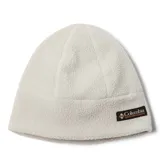 Gorro de lana Columbia color blanco, de textura suave tipo sherpa, con logo de la marca bordado en el frente.