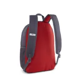 Mochila Puma blanca con base rosa y bolsillo frontal gris. Logo de Puma estampado en blanco.