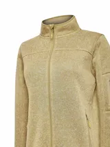 Micropolar color beige con cierre completo, cuello alto y bolsillo con cierre en la manga izquierda.