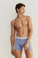 Pack de tres calzoncillos tipo trunk en azul, blanco y azul marino, con cintura elástica blanca con la inscripción "Designed in Stockholm Est. 1947". Confeccionados en tejido funcional COOLMAX® y Lycra® Xtra Life™.