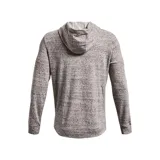 Campera Under Armour Rival Terry, color gris jaspeado, con cierre frontal completo, capucha con cordones ajustables y logo estampado en el pecho.