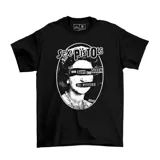 Remera negra de algodón con estampado de la reina Isabel II con el logo de Sex Pistols y frases de la banda. Corte clásico y mangas cortas.