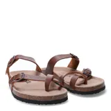 Sandalias bajas de cuero marrón con plantilla anatómica y hebillas ajustables.