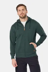 Canguro con cierre y capucha color bordó, confeccionado en felpa de algodón y poliéster.