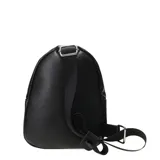 Mochila pequeña de cuero sintético color negro con cierre superior y múltiples bolsillos frontales con cierre.