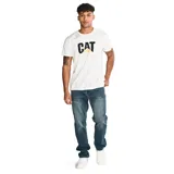 Pantalón de jean color verde militar, de corte slim, con cinco bolsillos y logo CAT en la parte trasera.