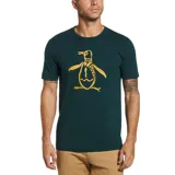 Remera verde oscuro con estampa amarilla de un pingüino con la palabra "Penguin" en vertical.