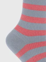 Calcetines de largo medio, color gris y rosado, con diseño de rayas horizontales y borde superior ondulado. Presentan un pequeño bordado de un perro de raza Basset Hound en la caña.