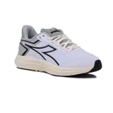 Championes deportivos unisex Diadora modelo Snipe 3, color blanco con detalles en gris claro y negro. Presentan un diseño de running con capellada de malla transpirable, logo en forma de rayo negro en los laterales y entresuela gruesa color crema.