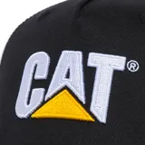Gorro gris tipo trucker con logo de Caterpillar bordado en blanco en el frente. La parte trasera es de malla.
