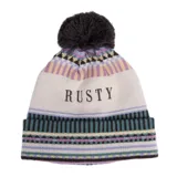 Gorro de lana tejido con diseño jacquard multicolor, que incluye franjas verticales y patrones geométricos en tonos pastel y oscuros. Presenta un pompón grande en la parte superior y la palabra "RUSTY" bordada en el centro.