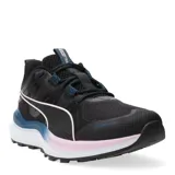 Championes Puma Reflect Lite de running para mujer, color negro con detalles en blanco, rosa y azul. Confeccionados con materiales reciclados, capellada de malla y suela de goma con tecnología Protread.
