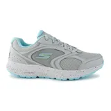 Championes deportivos Skechers Go Run Consistent Vivid Horizon, color gris con detalles en celeste y logo de la marca en verde. Capellada de malla y cuero, amortiguación Ultra Light y plantilla Air-Cooled Goga Mat.