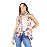 Pashmina de gasa sintética liviana con estampado floral multicolor y terminación en flecos con borlas rojas.