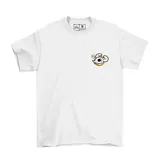 Remera blanca de algodón con estampado pequeño de un ratón en el pecho.