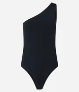 Body básico color durazno, con escote asimétrico y un solo hombro. Confeccionado en microfibra de poliamida y elastano.