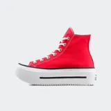Championes Converse All Star Lift Double Stack rojos con plataforma blanca y cordones blancos.