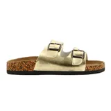 Sandalias bajas color dorado con dos tiras con hebilla y plantilla de corcho.