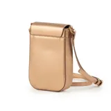 Bandolera mini color rosa gold de símil cuero rígido, con acceso de solapa y herrajes plateados. Tiene correa regulable, un compartimento y un bolsillo interno abierto. El interior es de tela de algodón y poliéster.