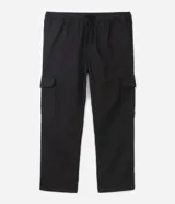 Pantalón cargo negro confeccionado en liocel con cintura elástica, cordón de ajuste y bolsillos laterales.