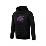 Buzo canguro negro con capucha y cordones ajustables. Diseño con textura de piel de serpiente en toda la prenda. Estampado del logo de Los Angeles Lakers en el pecho y en las mangas.