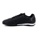 Zapatillas de fútbol para césped sintético, color negro con detalles en blanco y diseño deportivo.