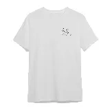 Remera blanca de algodón con cuello redondo y mangas cortas. Estampado pequeño en el pecho de una hamburguesa sobre una patineta y la frase "skateboarding hamburger".