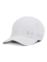 Gorra deportiva Under Armour Velociti para hombre, color blanco con logo reflectivo.