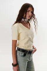 Remera color azul con escote en V y mangas cortas.