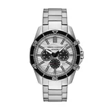 Reloj Armani Exchange modelo Spencer, con caja de acero inoxidable plateado de 44mm de diámetro, esfera plateada texturizada con cronógrafo, bisel giratorio negro con números arábigos y pulsera de acero inoxidable plateado. Resistente al agua hasta 100 metros.