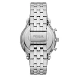 Reloj Fossil plateado con esfera azul y tres subesferas. La correa es de acero plateado con cierre de hebilla desplegable.