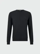 Sweater negro de punto fino, marca Boss, corte slim fit y cuello redondo.