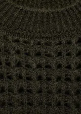 Sweater verde oscuro de punto calado con cuello Perkins, corte recto y mangas largas.