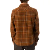 Camisa de franela marrón a cuadros con dos bolsillos frontales con solapa abotonada, de manga larga y corte clásico.